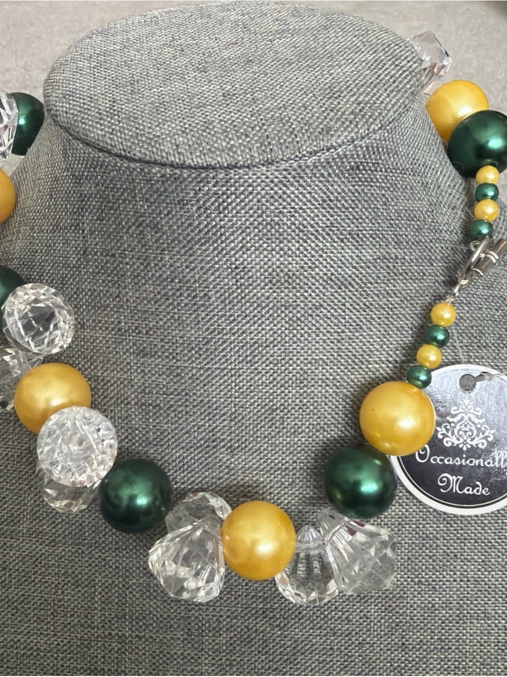 Crystal & Bead Statement Bracelet with green and gold beads